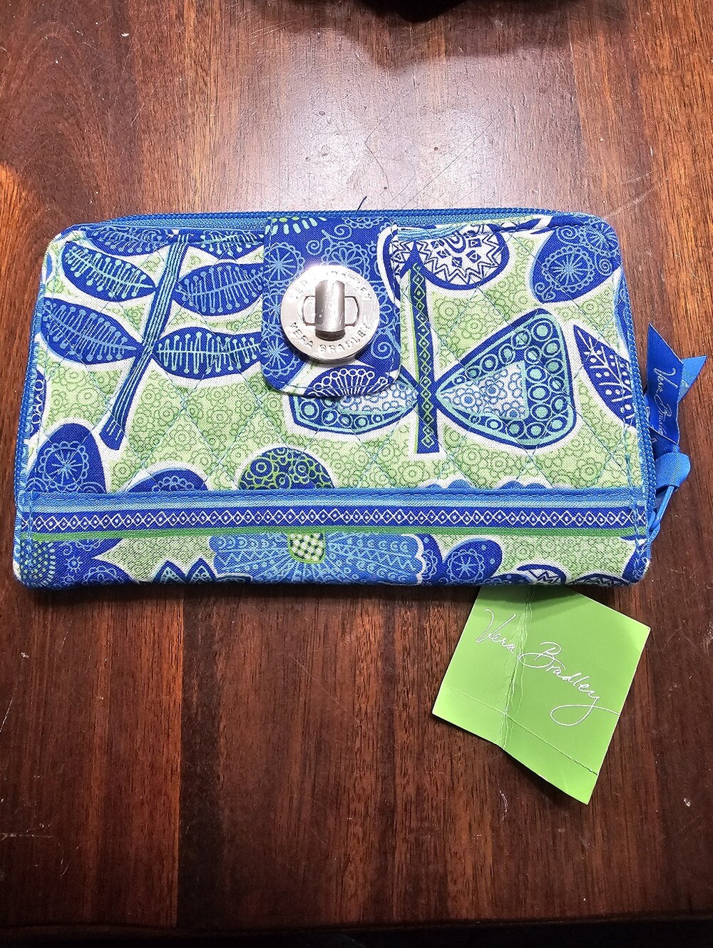 Vera Bradley Blue & Green Quilted Zip Wallet with Turn-Lock